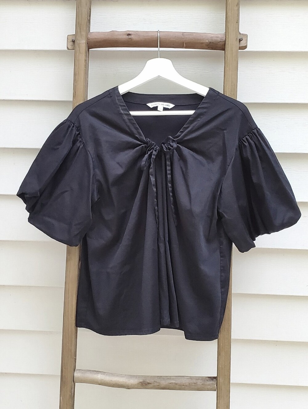 Elizabeth and James Black Puff-Sleeve Cotton-Blend Top Size L